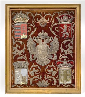 Großes, gerahmtes, mit goldfarbenem Samt bezogenes Tableau, - Armi d'epoca, uniformi e militaria