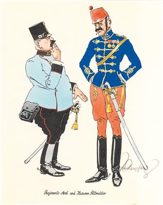 Konvolut von neun handkolorierten Militärkarikaturen von Prof. Peter Schönpflug, - Armi d'epoca, uniformi e militaria