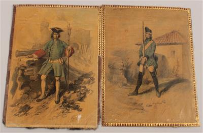 Konvolut von zwei handkolorierten, mit teilweise abgeblättertem Goldpapier geränderten Lithographien - Historische Waffen, Uniformen, Militaria