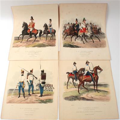 Konvolut von 16 altkolorierten Lithographieblättern - Antique Arms, Uniforms and Militaria