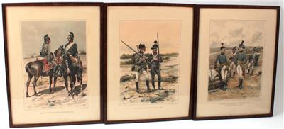 Konvolut von drei gerahmten und verglasten Farbdruckblättern - Armi d'epoca, uniformi e militaria