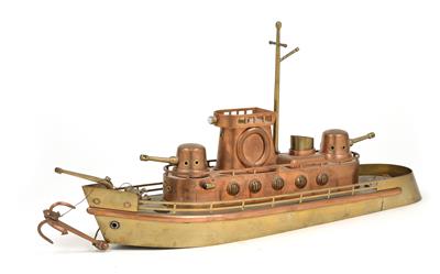 Aus Messing und Kupfer gefertigtes Modell eines Fluß-Kanonenbootes - Historische Waffen, Uniformen, Militaria