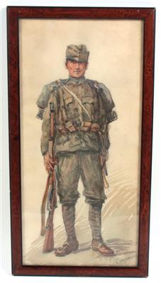 Gerahmtes und verglastes Aquarell, - Historische Waffen, Uniformen, Militaria