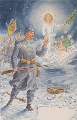 Gerahmtes und verglastes Aquarell unter Passepartout 'Weihnachten im Felde', - Historische Waffen, Uniformen, Militaria
