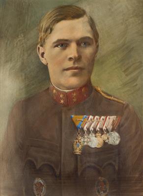 Koloriertes Portraitphoto eines Oberleutnants der k. u. k. Fliegertruppe in Uniform und Ordensschmuck, um 1918, - Starožitné zbraně