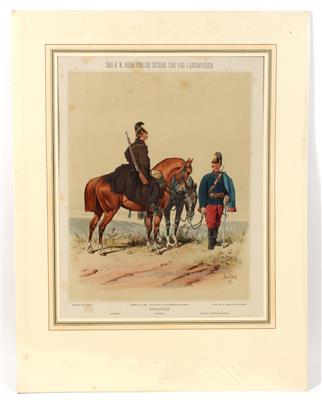 Altkolorierte Tonlithographie unter Passepartout und Klarsichtfolie, - Antique Arms, Uniforms and Militaria