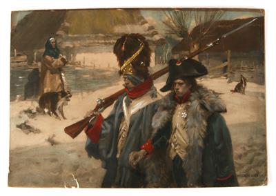 Druck nach einem Gemälde von Wojciech Kossak - Aquarell Napoleonischer Grenadier und Infanterist in russischer winterlicher Landschaft, - Starožitné zbraně