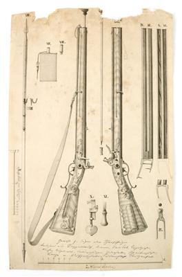 Federzeichnung mit der Darstellung des öst. Doppelstutzens für Jäger und Scharfschützen Muster 1768 - Antique Arms, Uniforms and Militaria