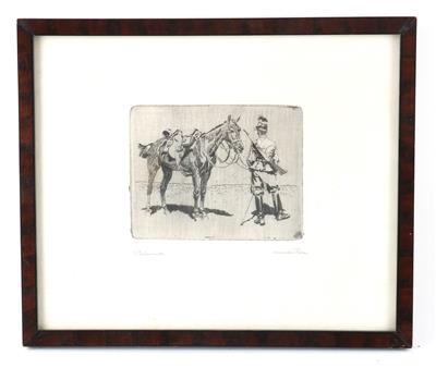 Alexander Pock (1871 Znaim - 1950 Wien), Radierung Ulane sein Pferd haltend, - Antique Arms, Uniforms and Militaria
