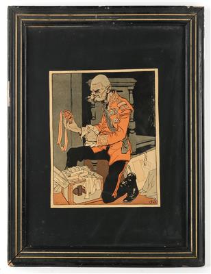 Fritz Schönpflug (Wien 1873-1951), 6 Zeitungsauschnitte aus der humoristischen Wochenschrift 'Die Muskete', - Starožitné zbraně