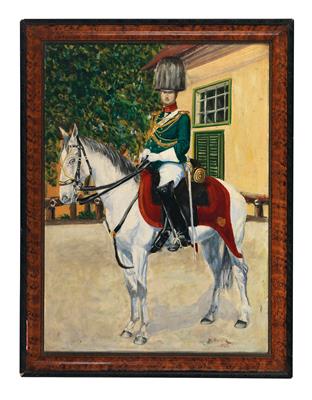 Ölbild auf Karton, 'Garde-Reiter zu Pferd', - Starožitné zbraně