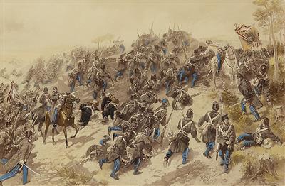Schlachtenbild 'IR 13 im Gefechte bei Trautenau 27.06. 1866', - Starožitné zbraně