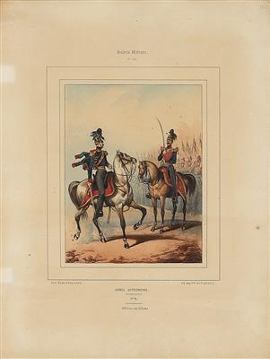Konvolut von 3 kolorierten Lithographien mit Motiven der k. u. k. Armee des 18. Jahrhunderts, - Armi d'epoca, uniformi e militaria