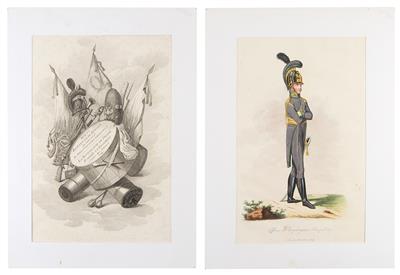 Titelblatt und 4 kolorierte Drucke, betitelt Wiens bewaffnete Bürger im Jahre 1806 - Historische Waffen, Uniformen, Militaria