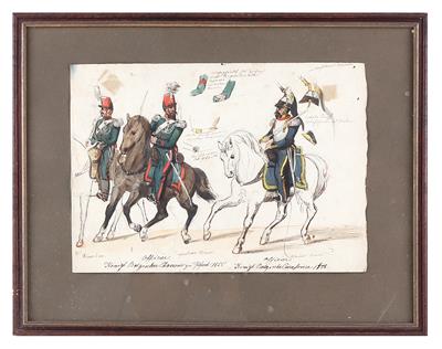 Kolorierte Studie 'Königlich belgische Chasseur zu Pferd und kgl. Belg. Cüraßiere (sic!) 1855', - Armi d'epoca, uniformi e militaria