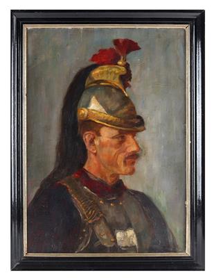 Ölbild eines französischen Kürassiers mit Helm und Kürass, - Antique Arms, Uniforms and Militaria