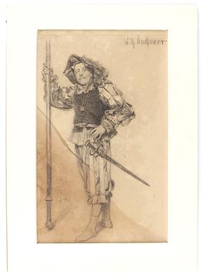 Wilhelm Dachauer, (5.4.1881 in Ried im Innkreis - 26.2.1951 in Wien), Kohlezeichnung eines Landsknechtes, - Antique Arms, Uniforms and Militaria