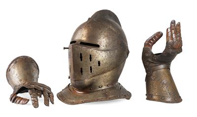 Visierhelm und Handschuhpaar im Stile der Spätgotik, - Armi d'epoca, uniformi e militaria