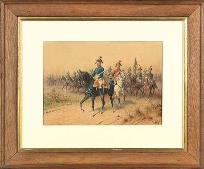 August Ritter von Maly (1835 Verona - 1896 Wien), Aquarell einer k. k. Reitereinheit, - Historische Waffen, Uniformen, Militaria