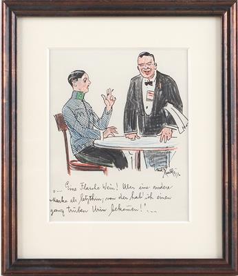 Emil Hübl (1890-1969) Feder mit Buntstift, Karikatur eines k. k. Landwehroffiziers im Gasthaus, - Armi d'epoca, uniformi e militaria