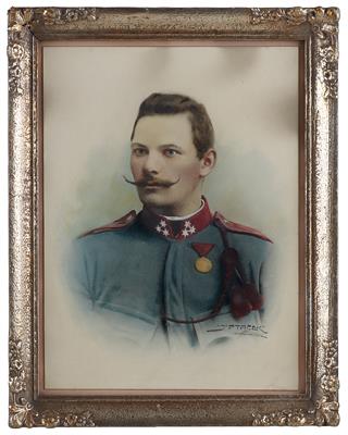 Gemälde in Mischtechnik eines k. u. k. Zugsführers in der hechtgrauen Bluse M1908, - Antique Arms, Uniforms and Militaria