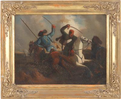 Ölbild Reitergefecht zwischen einem Ungarn und einem Mongolen, - Armi d'epoca, uniformi e militaria
