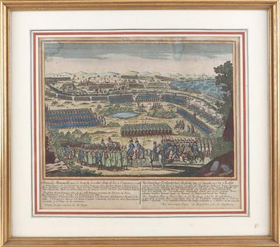 Kolorierter Stich darstellend die Schlacht bei Austerlitz 1805, nach einem Plan von Ruge, - Starožitné zbraně