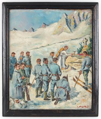 Ölbild darstellend eine Feldmesse der k. k. Kaiser- oder Gebirgsschützen in Berglandschaft im 1. Weltkrieg, - Antique Arms, Uniforms and Militaria