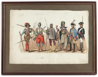 2 Bilder in Mischtechnik mit Uniformdarstellungen von 1670-1840, - Armi d'epoca, uniformi e militaria
