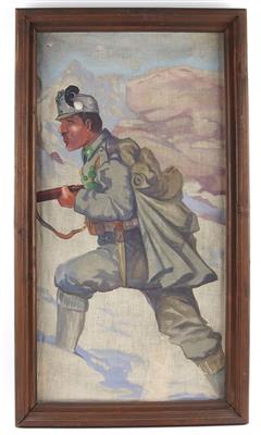 Gemälde eines k. k. Landes-, Kaiser- oder Gebirgsschützen in Marschadjustierung im Gebirgsgelände, - Antique Arms, Uniforms and Militaria