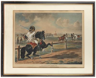 Gerahmter Farbdruck k. k. Armee mit Uniformdarstellung um 1820, als k. k. Cavalerie-Exercitien bezeichnet, - Historische Waffen, Uniformen, Militaria