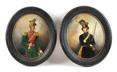 Paar ovale Ölgemälde, darstellend 2 k. k. Offiziere um 1848: - Starožitné zbraně