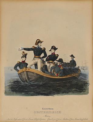 Kolorierter Druck, darstellend eine Gruppe von k. k. Marineoffizieren in ihren Uniformen um 1820, - Starožitné zbraně