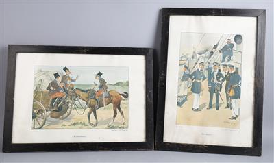 6 gerahmte Drucke aus der Mappe des Künstlers Fritz Schönpflug (1873-1951) 'Krieg im Frieden', - Antique Arms, Uniforms and Militaria