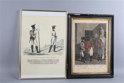 Konvolut von 3 gerahmten Farbdrucken der k. k. Armee mit Uniformdarstellungen um 1800-1820: - Starožitné zbraně