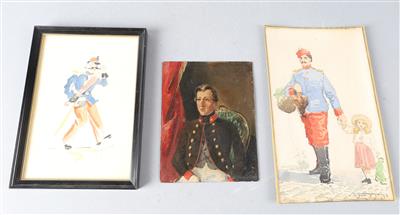 Konvolut von 3 kleinen Gemälden mit milit. Darstellungen: - Historische Waffen, Uniformen, Militaria