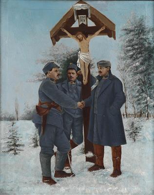 Ölbild darstellend 3 'Deutschmeister-Feldwebel' vor einem Kruzifix in Winterlandschaft, - Antique Arms, Uniforms and Militaria