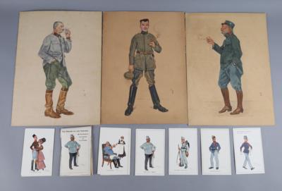 Konvolut von 3 handkolorierten Drucken aus Mappe 'WIR' vom 25. ID KMDO im Felde 1916-1917 - Starožitné zbraně