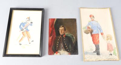 Konvolut von 3 kleinen Gemälden mit milit. Darstellungen: - Antique Arms, Uniforms and Militaria