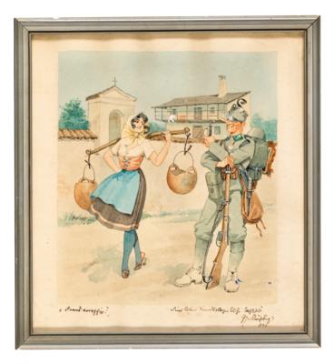 Fritz Schönpflug (1873-1951), humoristisches Original-Aquarell 'Avanti Coraggio' ('mutig vorwärts'), - Antique Arms, Uniforms and Militaria