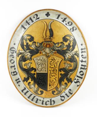 Wappenschild aus Blech, um 1930-40 auf 'Georg und Ulrich die Floyten', - Starožitné zbraně