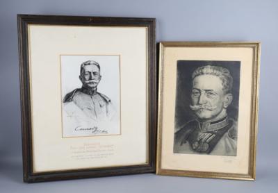 2 gerahmte Drucke, darstellend den Oberkommandierenden der k. u. k. Armee Franz Conrad v. Hötzendorf: - Armi d'epoca, uniformi e militaria