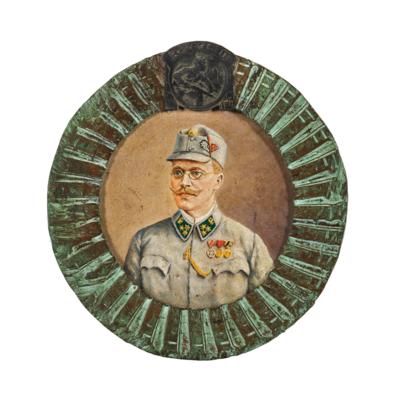 Kleines Ölgemälde, darstellend einen Hauptmann der k. k. Tiroler Standschützen in feldgrauer Adjustierung, - Armi d'epoca, uniformi e militaria