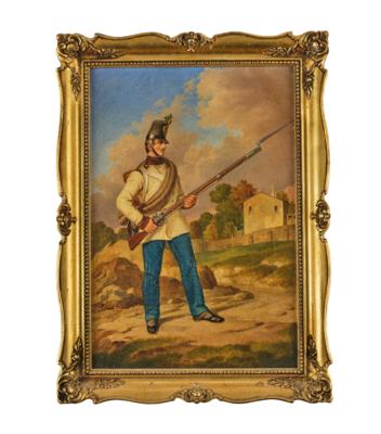 Kleines Ölgemälde eines k. k. Infanteristen um 1858 - Historische Waffen, Uniformen und Militaria
