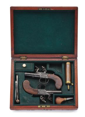 Steinschloss-Terzerol-Pistolenpaar in Kassette, - Antique Arms, Uniforms and Militaria