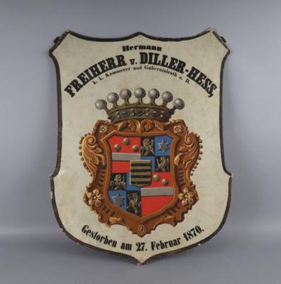 Handgemalter Wappenschild des 'Hermann Frh. v. Diller-Hess, - Historische Waffen, Uniformen und Militaria