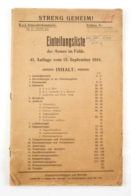 K. u. k. Armee: 'Streng geheime Einteilungsliste der Armee im Felde vom 15. September 1918 (!)', - Starožitné zbraně