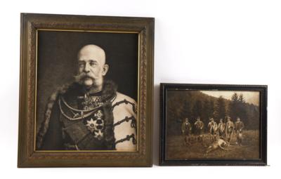 Konvolut von einem Druck und einem Großfoto zum Thema Kaiser Franz Josef I: - Historische Waffen, Uniformen & Militaria