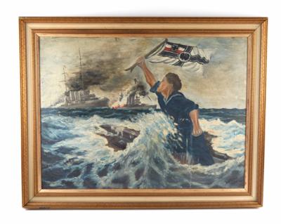 Erster Weltkrieg: großformatiges Ölgemälde nach Hans Bohrdt 'Der letzte Mann', - Armi d'epoca, uniformi e militaria