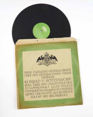 K. u. k. Armee: Schallplatte (Schellack) mit einer Aufnahme einer Rede von GO Conrad von Hötzendorff, - Antique Arms, Uniforms and Militaria